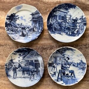 Vintage Set Of 4 Blue & White Delft Horse/Clogs/Windmill Delft Blauw Plates